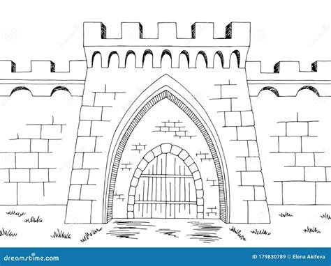 Castle Gate Graphic Black White Landscape Sketch Illustration Vector