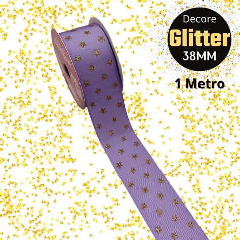 Fita Gorgurão Decore Glitter Estrela Lilás 38mm 1 Metro