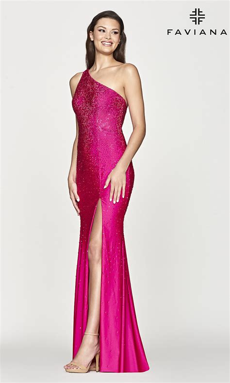 Faviana Beaded Long One Shoulder Hot Pink Prom Dress