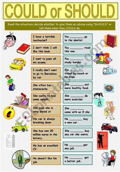 Could Or Should Esl Worksheet By Fernandez Esol Vocabulary Grammar