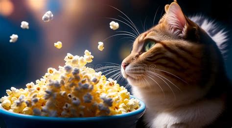 Cute Cat Eating Popcorn and Watching a Movie. Close Up Stock ...