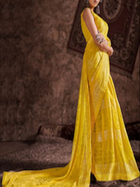 Buy Shaily Yellow Gold Toned Floral Zari Pure Chiffon Saree Sarees