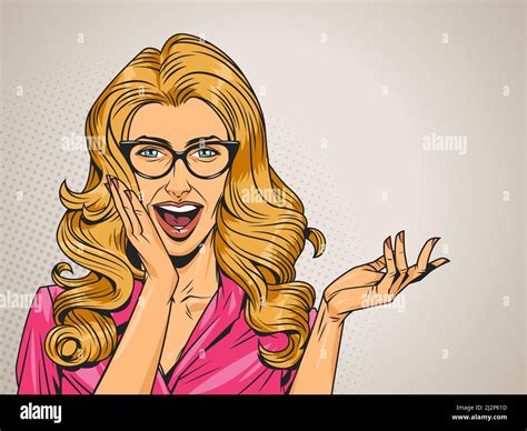 Pop Art Surprised Blonde Hair Woman In Pink Dress With Eyeglasses And