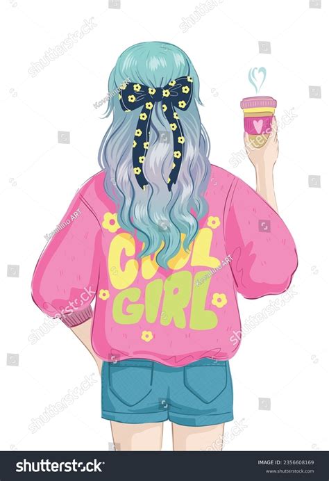 Cool Girl Poster With Blue Hair Girl Hold On Cup Royalty Free Stock