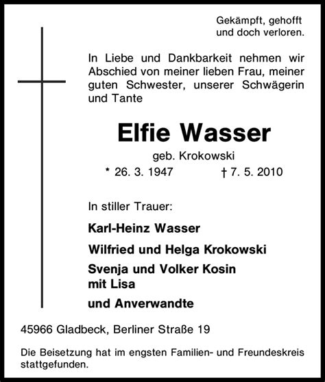 Traueranzeigen Von Elfie Wasser Trauer In NRW De