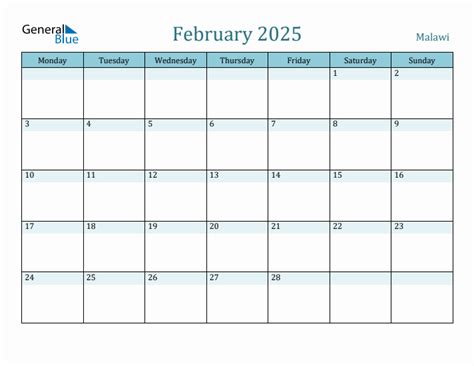 February 2025 - Malawi Monthly Calendar with Holidays