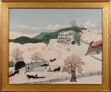 Grandma Moses winter scene The Old Covered Bridge, 1943 Olde Hope Antiques