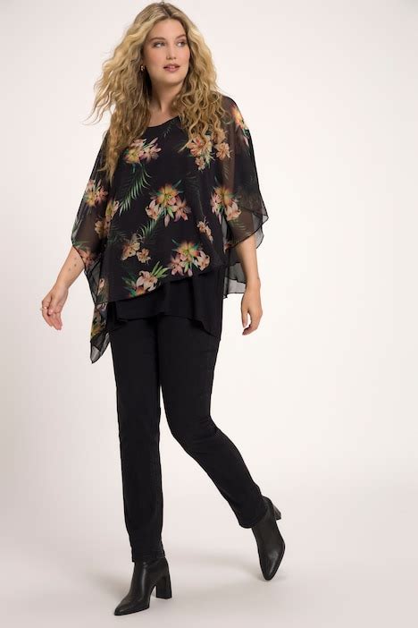 Floral Chiffon Overlay Stretch Knit Top All Blouses Blouses