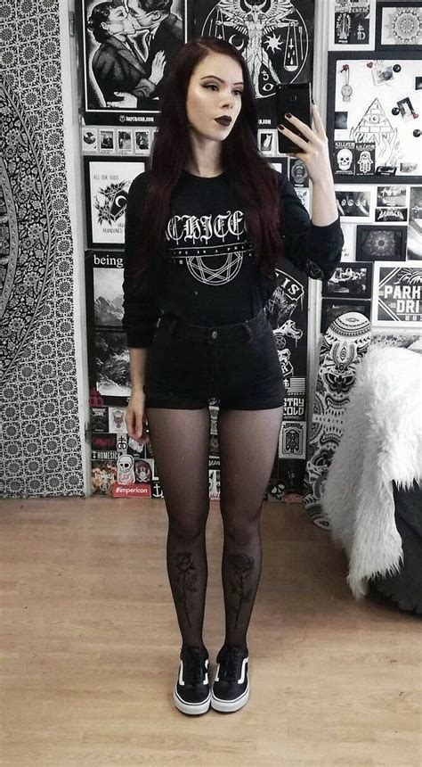 Graphic Printed Long Sleeved Top With Black Denim Shorts Tights And Vans