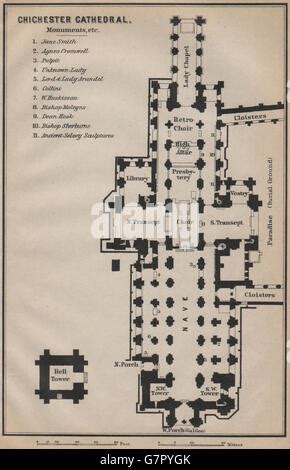 Chichester Cathedral Floor Plan Sussex Baedeker Old Antique Map