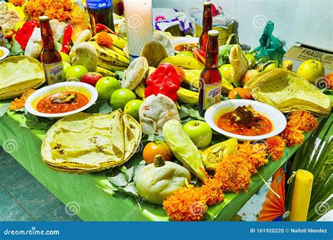 Traditional Day of the Dead, Altar with Dead Bread, Flowers, Food and ...