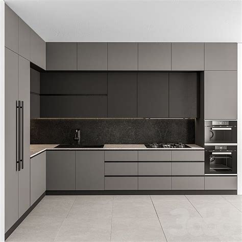 A Modern Kitchen With Grey Cabinets And White Flooring Is Seen In This