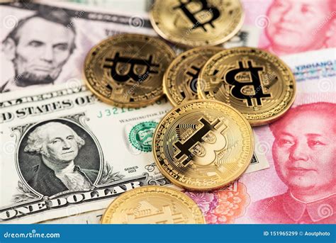 Bitcoin Cryptocurrency Coins on US Dollar and Yuan China Currency Banknotes Stock Image - Image ...