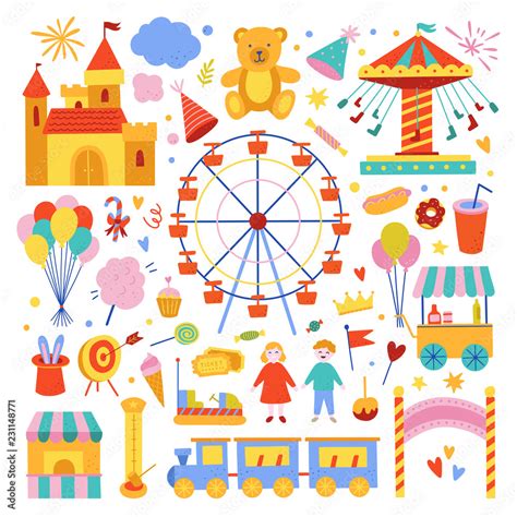 Amusement park cute illustrations collection. Attractions, sweet food ...