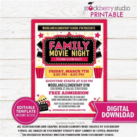 Family Movie Night Flyer Church Movie Event School Fundraiser PTO PTA ...