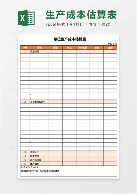 单位生产成本估算表excel表格模板下载excel图客巴巴
