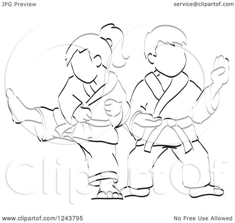 Clipart of a Black and White Sketched Boy and Girl Doing Karate Moves ...