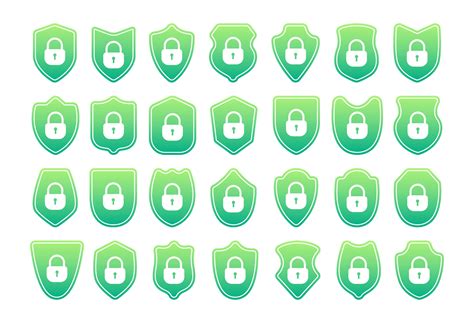 Set Of Green Security Shields With Padlock Icons Representing Digital