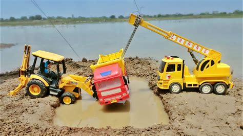 Dump Truck And Tata Dumper Accident Biggest River Water Pulling Out Jcb