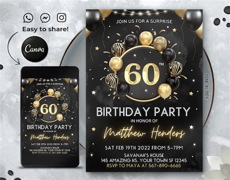 Editable 60th Birthday Invitation Template Printable Birthday Party Invitations Digital Party