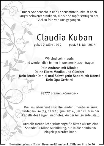 Traueranzeigen Von Claudia Kuban Trauer Gedenken