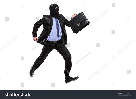 A Burglar With Robbery Mask Running Away Isolated On White Background