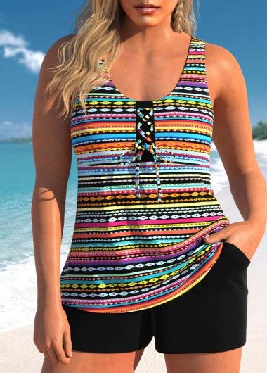 ROTITA Plus Size Lace Up Tribal Print Tankini Set Rotita USD 40 98