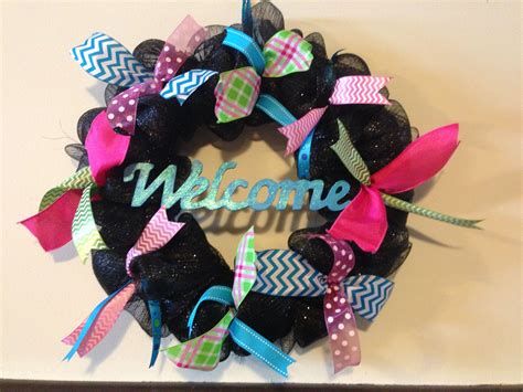 Black Mesh Wreath With Pink Blue And Green Ribbons Blue Hand Painted