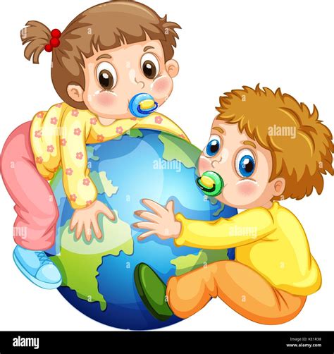 Niños Niño y niña abrazando la tierra ilustración Imagen Vector de