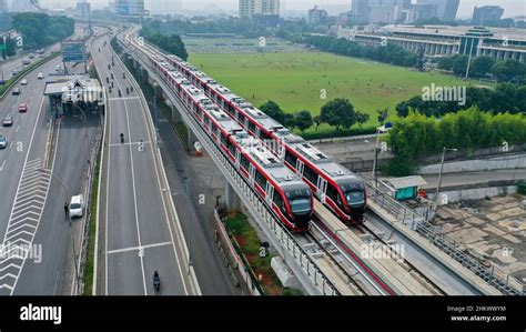 Aerial View Of Jakarta Lrt Train Trial Run For Phase 1 From Pancoran