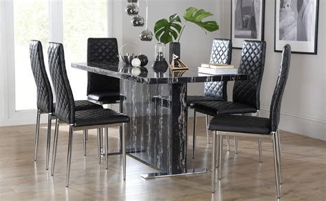 Magnus Black Marble Dining Table With 6 Renzo Black Chairs Chrome Legs Only £49999