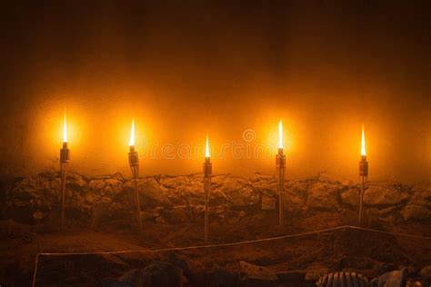 Five Light Fire Torches, Stone Wall Illustration of Ancient Medieval ...