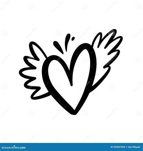 Heart Sign Love with Wings. Black Color in Cartoon Style Vector Doodle ...