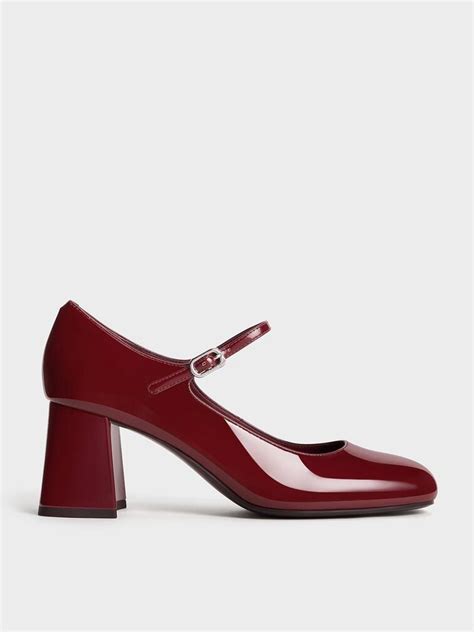 Maroon Patent Block Heel Mary Jane Pumps Charles And Keith Sg