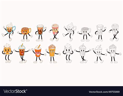 Groovy Coffee Drinks Characters Set Royalty Free Vector