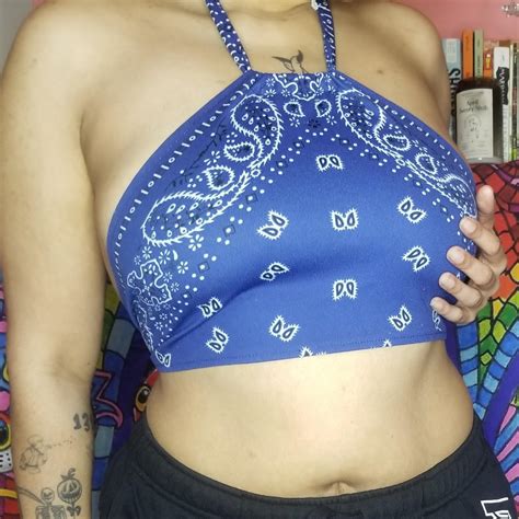 Blue Bandana Halter Crop Top Ties at neck and mid... - Depop