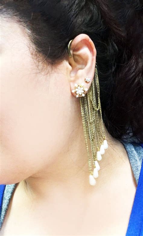 Pearl Dangle Ear Cuff Bohemian Ear Cuff Pearl Ear Cuff Pearl Gold Ear