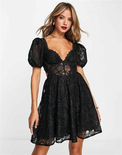 Asos Design Cupped Mini Dress With Lace Up Back In Black Asos