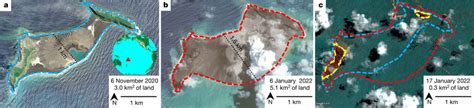 Changes in land area of Hunga Tonga before and after the eruption a–c ...