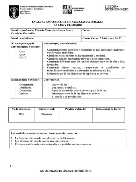 Evaluación Sumativa N°1 Ciencias Naturales La Luz Y El Sonido Tercero Basico Pdf Sonido Ligero