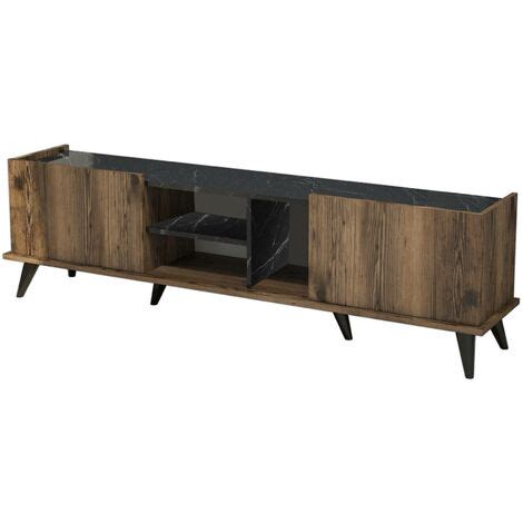 Meuble Tv Et Table Basse Hovela Bois Naturel Et Effet Marbre Noir