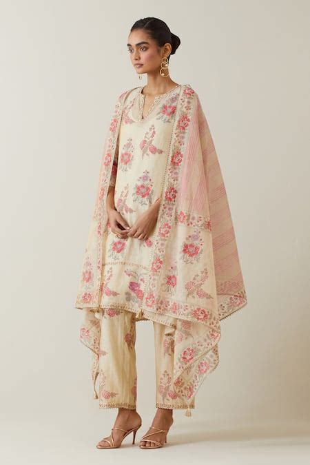 Buy Beige Kurta Printed Floral Notched Short Pant Set For Women By KORA