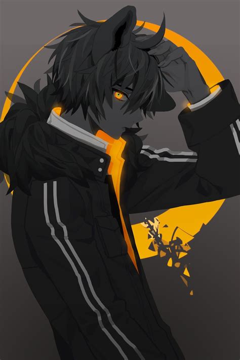 An Anime Character With Long Hair And Horns On His Head Wearing A Black Outfit