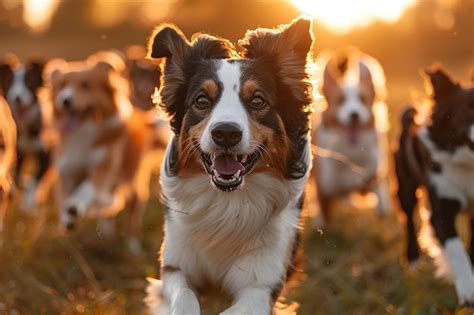 Premium Photo A Group Of Dogs Are Running In The Grass One Of Which