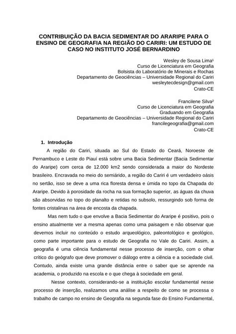 Pdf Contribui O Da Bacia Sedimentar Do Araripe Para Contribui O