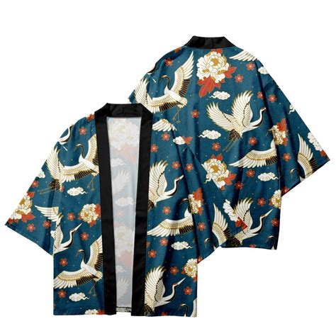 Kimono Roupas Moda Streetwear Crane Flower Impresso Verão Tradicional