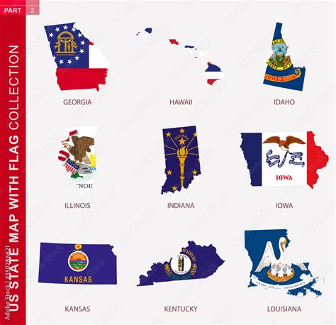 US State Maps with flag collection, nine USA map contour with flag ...