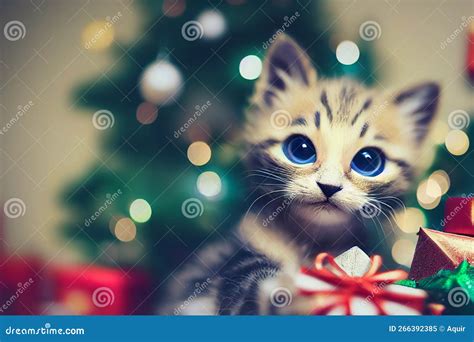 Cat Celebrating Christmas Ai Generated Cute Kitten With Christmas