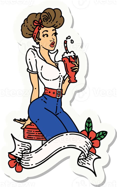 Sticker Of Tattoo In Traditional Style Of A Pinup Girl Drinking A Milkshake With Banner 45195157 Png