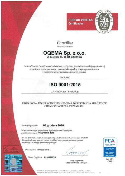 Firma OQEMA Sp z o o otrzymała międzynarodowy certyfikat ISO 9001